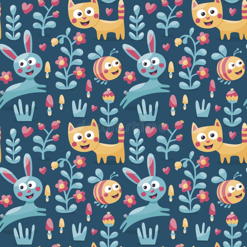 Teste padrão animal bonito sem emenda feito com gato, lebre, coelho, abelha, flor, planta, folha, baga, coração, amigo, floral, n ilustração do vetor Teste padrão animal bonito sem emenda feito com gato, lebre, coelho, abelha, flor, planta, folha, baga, coração, amigo, floral, n ilustração do vetor