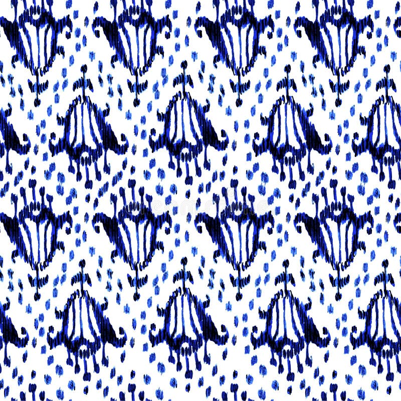 Teste padrão azul de Ikat e branco étnico boêmio sem emenda no estilo do watercolour Ornamento orientais do ikat da aquarela ilustração stock Teste padrão azul de Ikat e branco étnico boêmio sem emenda no estilo do watercolour Ornamento orientais do ikat da aquarela ilustração stock