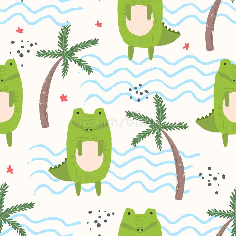 Teste padrão bonito dos desenhos animados com crocodilos, palmas, ondas ilustração royalty free Teste padrão bonito dos desenhos animados com crocodilos, palmas, ondas ilustração royalty free