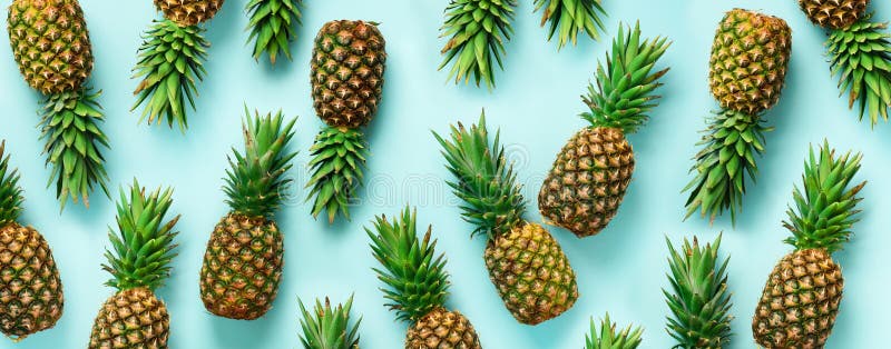 Bright pineapple pattern for minimal style. Top View. Pop art design, creative concept. Copy Space. Banner. Fresh pineapples on blue background. Bright pineapple pattern for minimal style. Top View. Pop art design, creative concept. Copy Space. Banner. Fresh pineapples on blue background