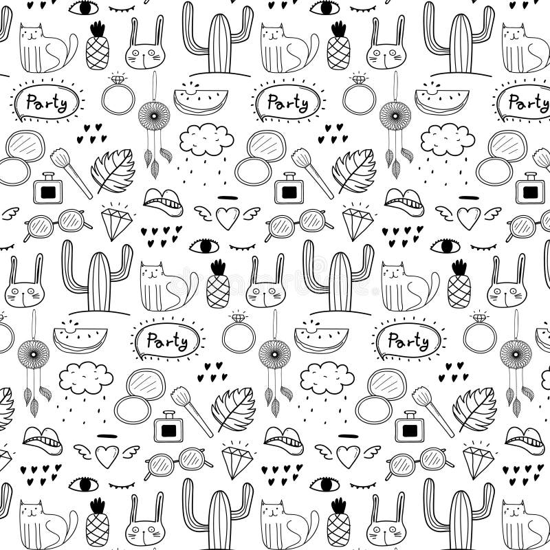 Teste padrão com fundo bonito tirado mão do partido da garatuja Garatuja engraçada ilustração royalty free Teste padrão com fundo bonito tirado mão do partido da garatuja Garatuja engraçada ilustração royalty free