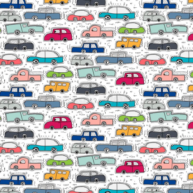 Teste padrão com fundo tirado mão dos carros da garatuja ilustração royalty free Teste padrão com fundo tirado mão dos carros da garatuja ilustração royalty free