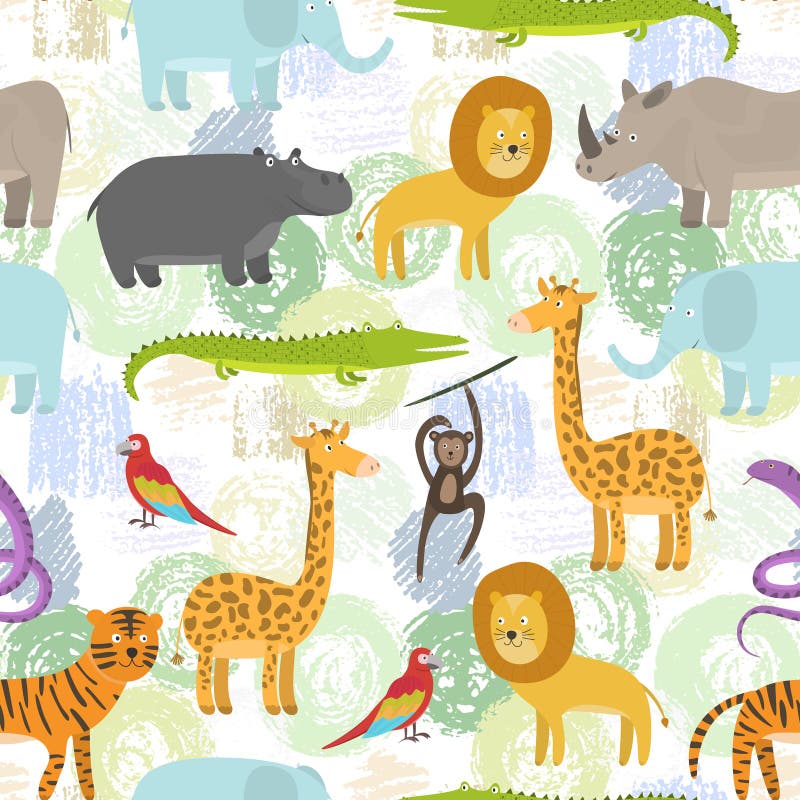 Teste padrão criançola com os animais da selva dos desenhos animados da cor ilustração royalty free Teste padrão criançola com os animais da selva dos desenhos animados da cor ilustração royalty free
