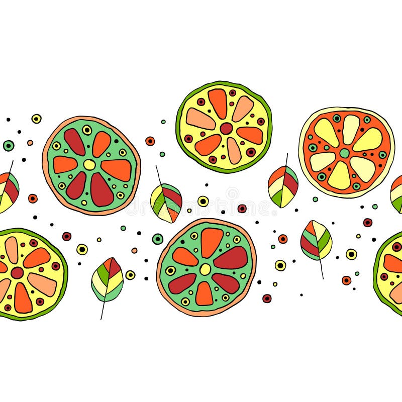 Teste padrão criançola tirado do vetor mão sem emenda, beira, com frutos Cal infantil bonito, limão, laranja, toranja com folhas, ilustração stock Teste padrão criançola tirado do vetor mão sem emenda, beira, com frutos Cal infantil bonito, limão, laranja, toranja com folhas, ilustração stock