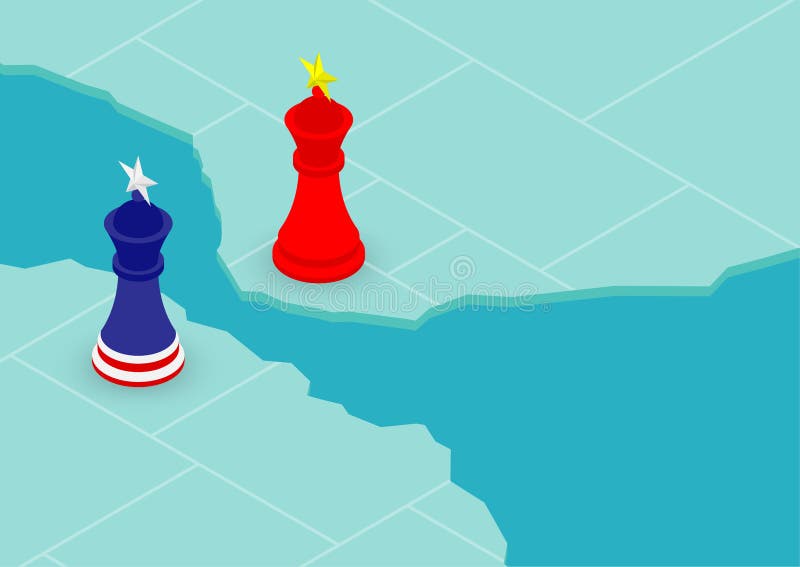Teste padrão da bandeira do rei da xadrez de América e de China no mapa do mundo, de crise da guerra comercial e do imposto ilust ilustração do vetor Teste padrão da bandeira do rei da xadrez de América e de China no mapa do mundo, de crise da guerra comercial e do imposto ilust ilustração do vetor