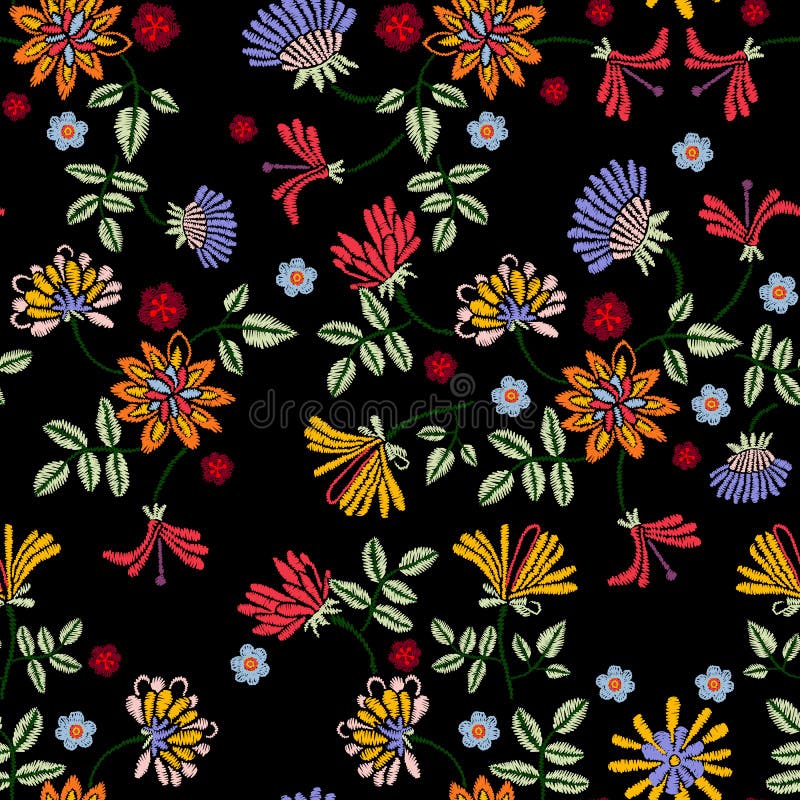 Teste padrão da repetição do bordado com flores do prado ilustração royalty free Teste padrão da repetição do bordado com flores do prado ilustração royalty free