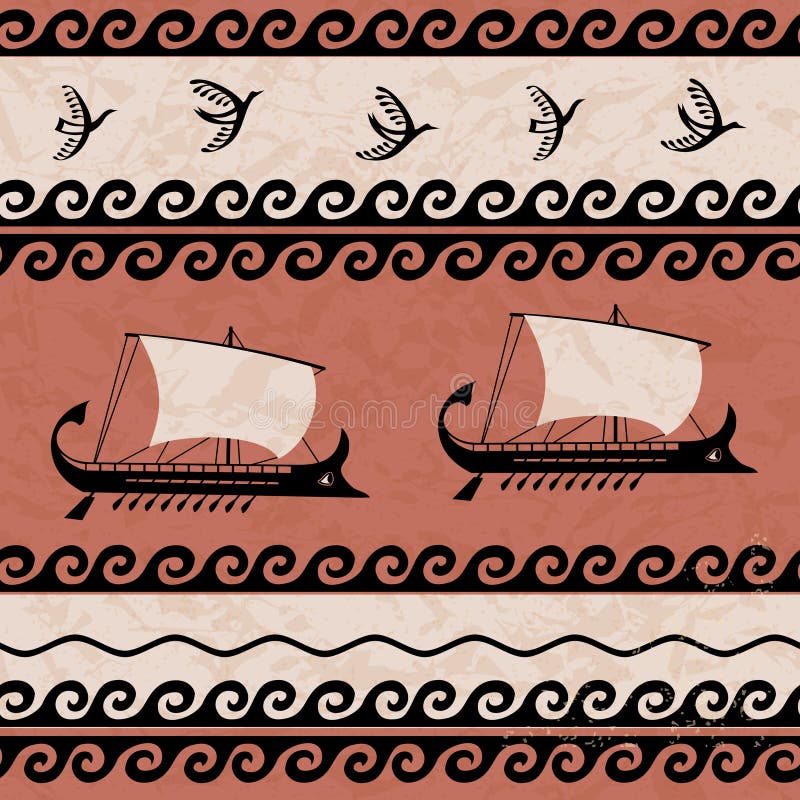 Teste padrão decorativo com estilo do grego clássico dos pássaros e dos navios