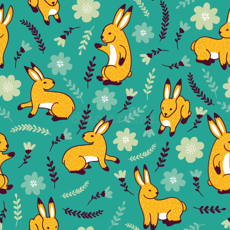 Teste padrão do vetor com coelhos e flores ilustração royalty free Teste padrão do vetor com coelhos e flores ilustração royalty free