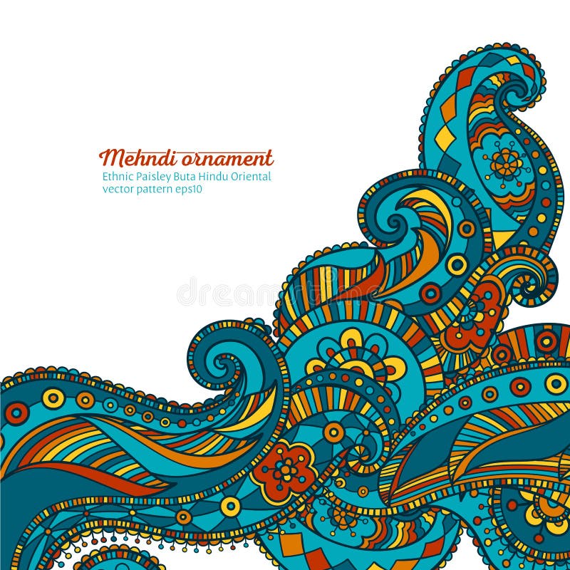 Mehndi vector pattern, ethnic paisley buta hindu oriental ornament, turquoise, orange and yellow curl, floral motif. Mehndi vector pattern, ethnic paisley buta hindu oriental ornament, turquoise, orange and yellow curl, floral motif