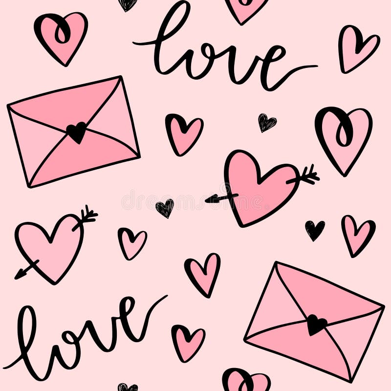 Teste padrão do vetor do dia de Valentim dos desenhos animados com corações, cartas de amor, os envelopes e amor tirados mão das ilustração do vetor Teste padrão do vetor do dia de Valentim dos desenhos animados com corações, cartas de amor, os envelopes e amor tirados mão das ilustração do vetor