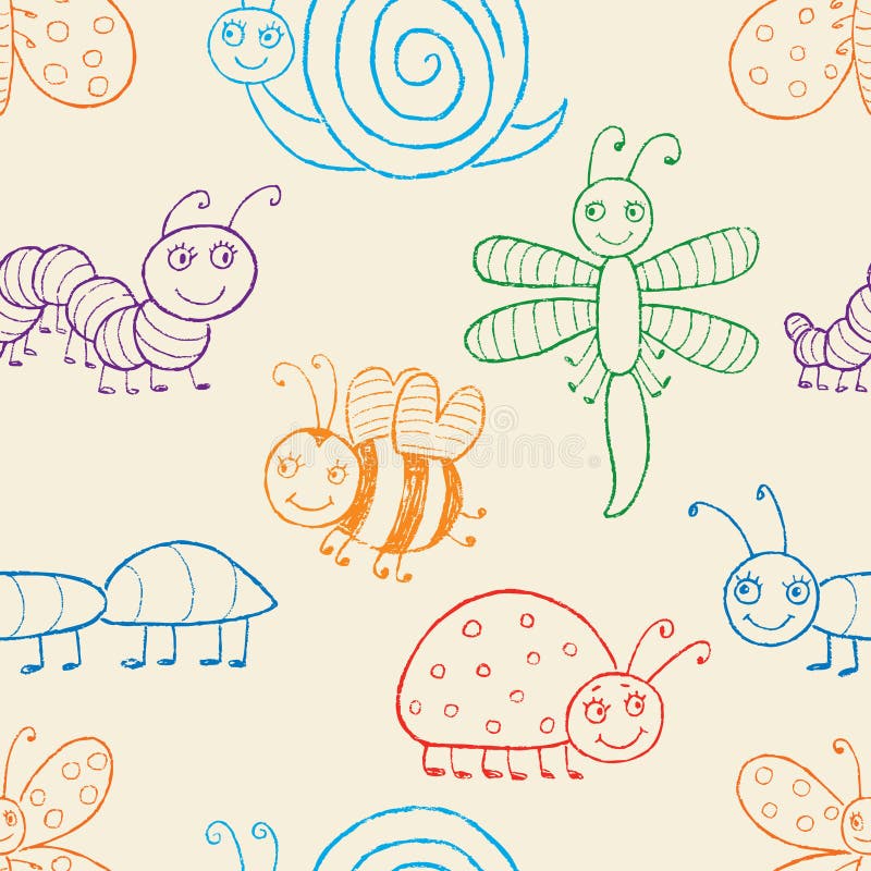 Teste padrão dos insetos dos desenhos animados ilustração stock Teste padrão dos insetos dos desenhos animados ilustração stock