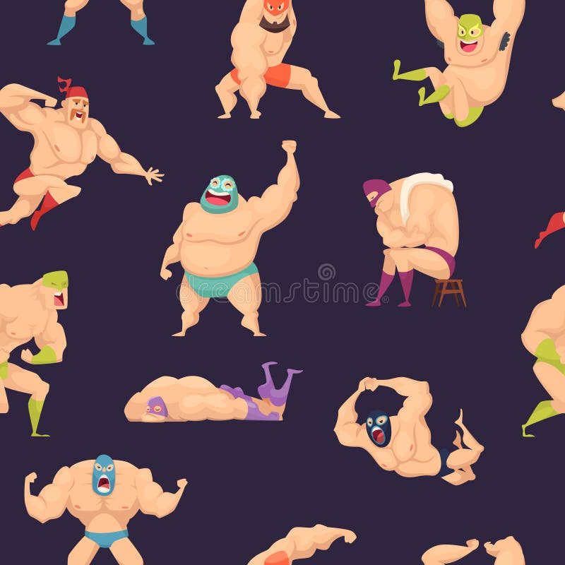 Teste padrão dos lutadores de Libre Lutadores mexicanos marciais no fundo sem emenda do vetor da estrela mundial do luchador da m ilustração stock Teste padrão dos lutadores de Libre Lutadores mexicanos marciais no fundo sem emenda do vetor da estrela mundial do luchador da m ilustração stock