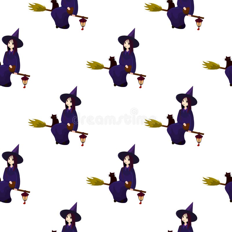 Teste padrão em um tema de um Dia das Bruxas com bruxas bonitas, mágicos ilustração royalty free Teste padrão em um tema de um Dia das Bruxas com bruxas bonitas, mágicos ilustração royalty free