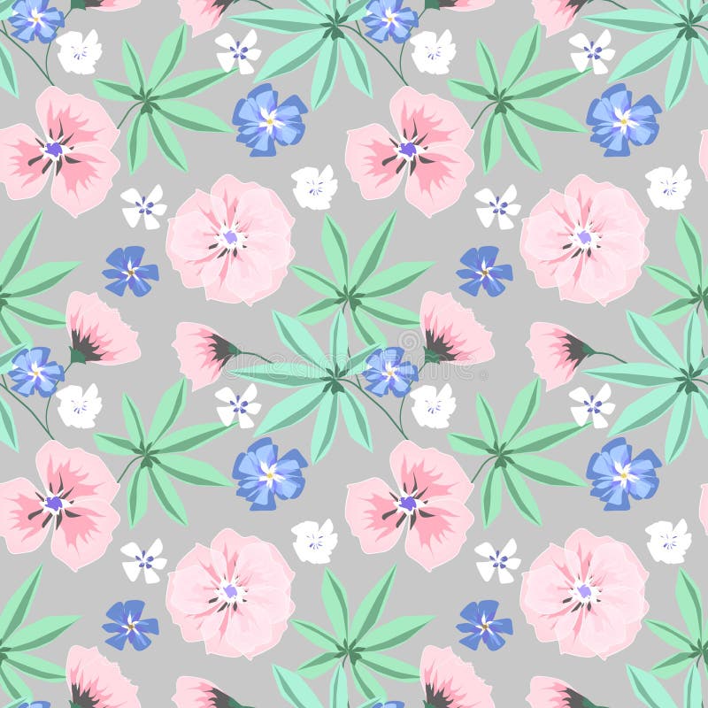 Teste padrão floral delicado sem emenda Flores cor-de-rosa, azuis na luz - fundo cinzento ilustração royalty free Teste padrão floral delicado sem emenda Flores cor-de-rosa, azuis na luz - fundo cinzento ilustração royalty free