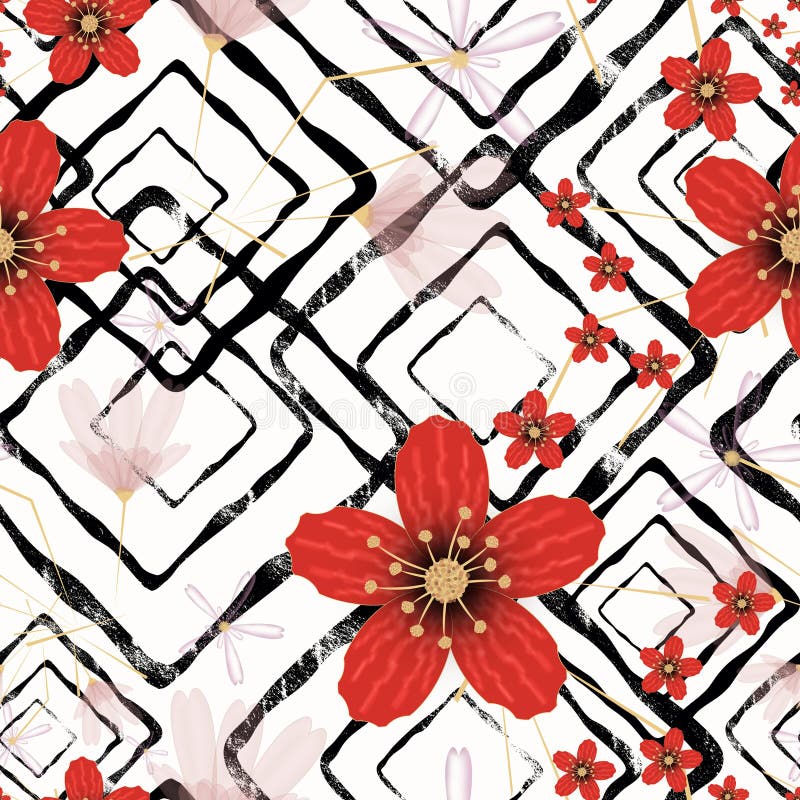 Teste padrão floral retro sem emenda, flores vermelhas no fundo branco ilustração stock Teste padrão floral retro sem emenda, flores vermelhas no fundo branco ilustração stock