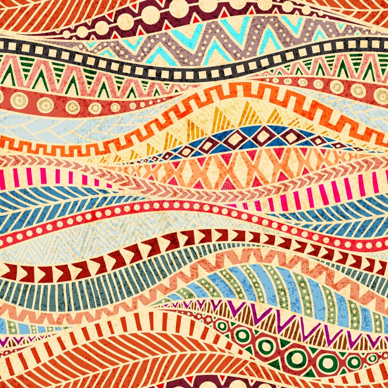 Seamless wavy pattern. Ethnic and tribal motifs. Colorful african print for textiles. Grunge texture. Ornate ornament drawn by hand. Seamless wavy pattern. Ethnic and tribal motifs. Colorful african print for textiles. Grunge texture. Ornate ornament drawn by hand