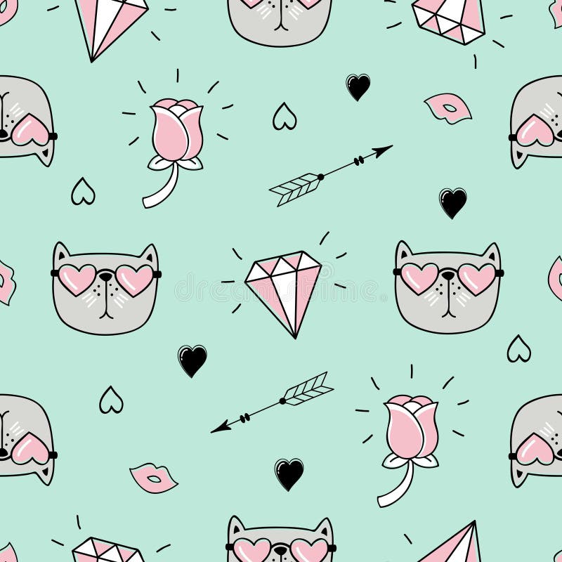 Teste padrão sem emenda bonito com gato, corações e garatujas do amor ilustração royalty free Teste padrão sem emenda bonito com gato, corações e garatujas do amor ilustração royalty free