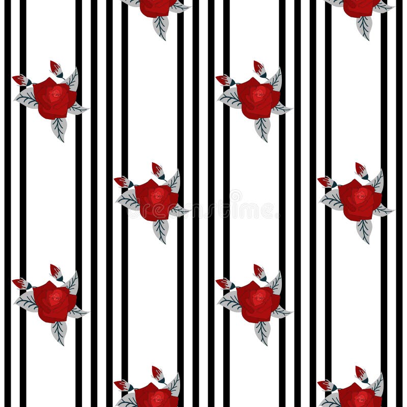 Teste padrão sem emenda bonito de rosas vermelhas em fundo preto e branco listrado cartão do projeto e convite de ilustração royalty free Teste padrão sem emenda bonito de rosas vermelhas em fundo preto e branco listrado cartão do projeto e convite de ilustração royalty free