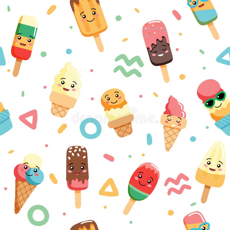 Teste padrão sem emenda bonito do gelado do kawaii com formulários geométricos, caráteres diferentes Ilustra??o do vetor no estil ilustração royalty free Teste padrão sem emenda bonito do gelado do kawaii com formulários geométricos, caráteres diferentes Ilustra??o do vetor no estil ilustração royalty free