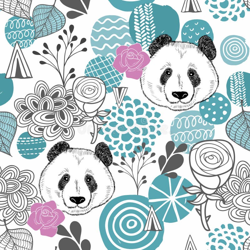 Padrão contínuo e colorido com círculos abstratos e cabeças de panda ilustração do vetor