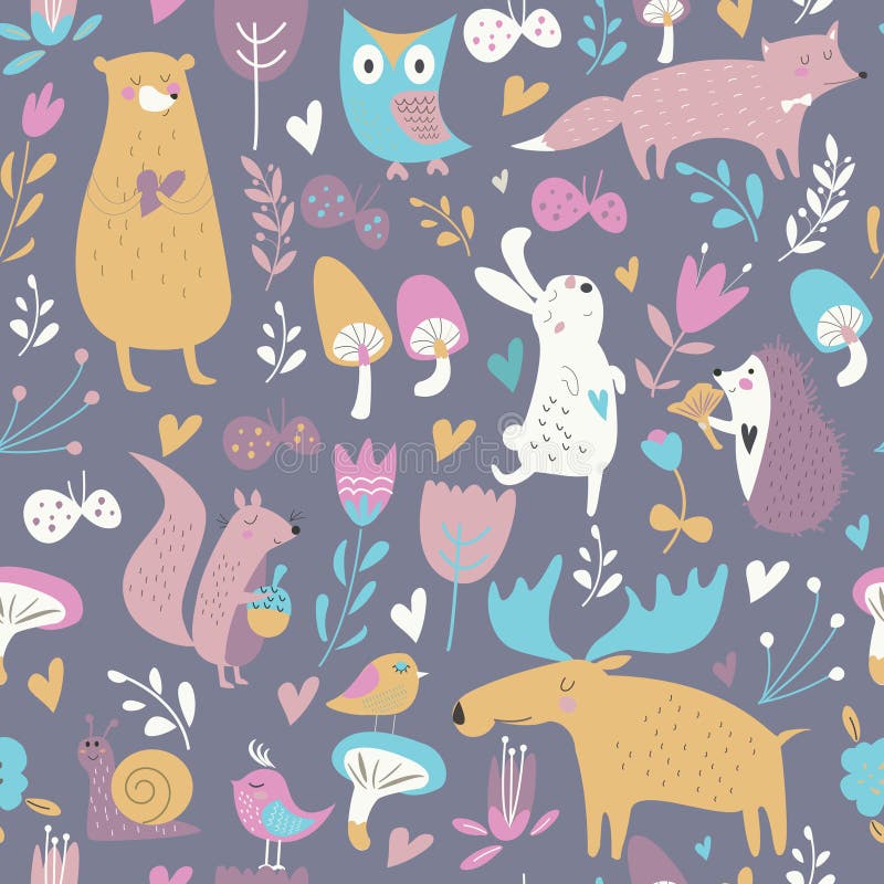 Seamless autumn forest background with cute bear, hare, squirrel, elk, owl, fox, flowers, mushrooms, birds and hearts in cartoon style. Seamless autumn forest background with cute bear, hare, squirrel, elk, owl, fox, flowers, mushrooms, birds and hearts in cartoon style