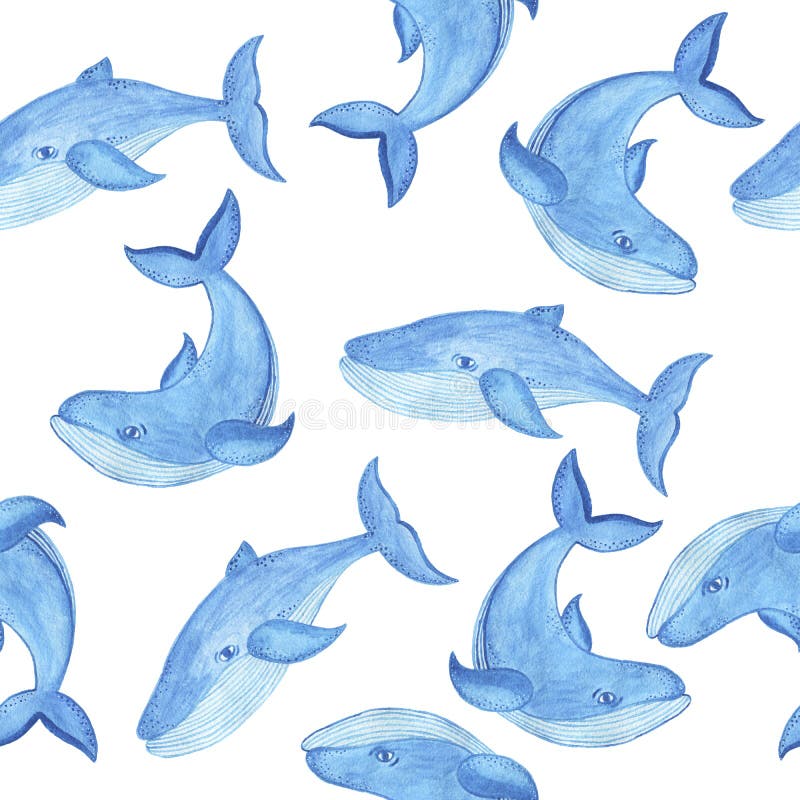 Teste padrão sem emenda com baleia azul, estilo da aquarela dos desenhos animados ilustração do vetor Teste padrão sem emenda com baleia azul, estilo da aquarela dos desenhos animados ilustração do vetor