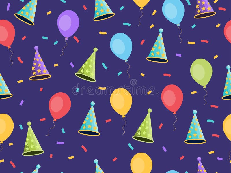 Teste padrão sem emenda com balões e tampões, confetes Fundo festivo de envoltórios do presente, papel de parede, telas Vetor