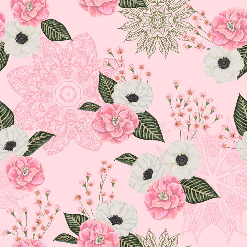 Teste padrão sem emenda com camélias cor-de-rosa, as flores brancas da anêmona, o alstroemeria e o ornamento do laço Fundo floral ilustração royalty free Teste padrão sem emenda com camélias cor-de-rosa, as flores brancas da anêmona, o alstroemeria e o ornamento do laço Fundo floral ilustração royalty free