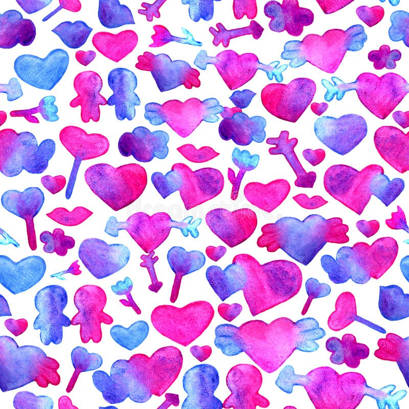 Teste padrão sem emenda com corações azuis, cor-de-rosa da aquarela seta, bordos, projeto romântico dos povos Isolado no fundo br ilustração do vetor Teste padrão sem emenda com corações azuis, cor-de-rosa da aquarela seta, bordos, projeto romântico dos povos Isolado no fundo br ilustração do vetor
