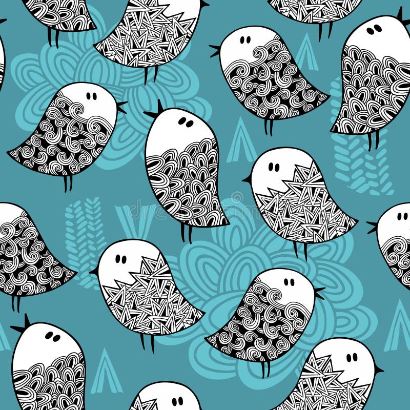 Padrão contínuo com elementos abstratos e pássaros rabiscados ilustração stock