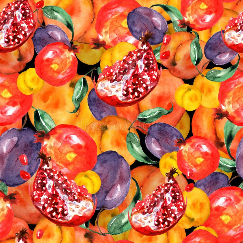 Teste padrão sem emenda com frutos das fatias, fruto da aquarela da romã, fruto do pêssego, ameixa, abricó, melancia Alaranjado, ilustração do vetor Teste padrão sem emenda com frutos das fatias, fruto da aquarela da romã, fruto do pêssego, ameixa, abricó, melancia Alaranjado, ilustração do vetor