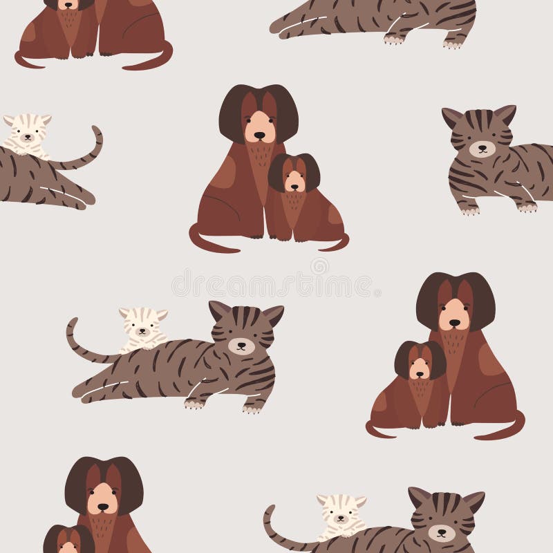Teste padrão sem emenda com gato e gatinho, cão e cachorrinho Contexto com os animais de animal de estimação da mãe e do bebê Per ilustração royalty free Teste padrão sem emenda com gato e gatinho, cão e cachorrinho Contexto com os animais de animal de estimação da mãe e do bebê Per ilustração royalty free