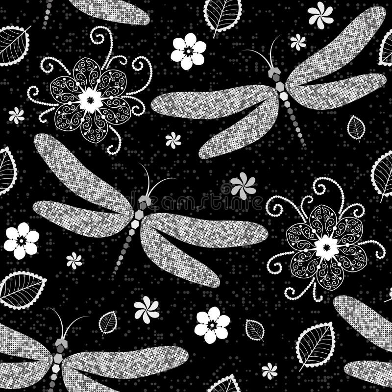 Teste padrão sem emenda com libélulas e as flores de prata ilustração stock Teste padrão sem emenda com libélulas e as flores de prata ilustração stock