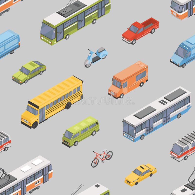 Teste padrão sem emenda com os veículos motorizados de vários tipos - carro, 'trotinette', ônibus, bonde, ônibus elétrico, carrin ilustração stock Teste padrão sem emenda com os veículos motorizados de vários tipos - carro, 'trotinette', ônibus, bonde, ônibus elétrico, carrin ilustração stock