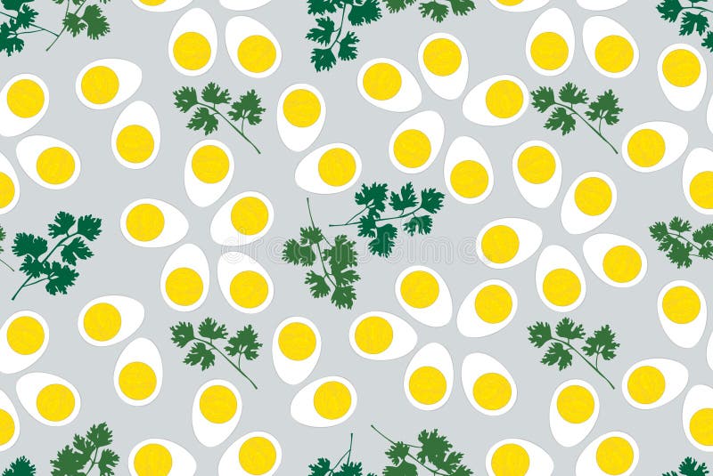 Seamless background with eggs and parsley leaves on a gray background, Print. Seamless background with eggs and parsley leaves on a gray background, Print