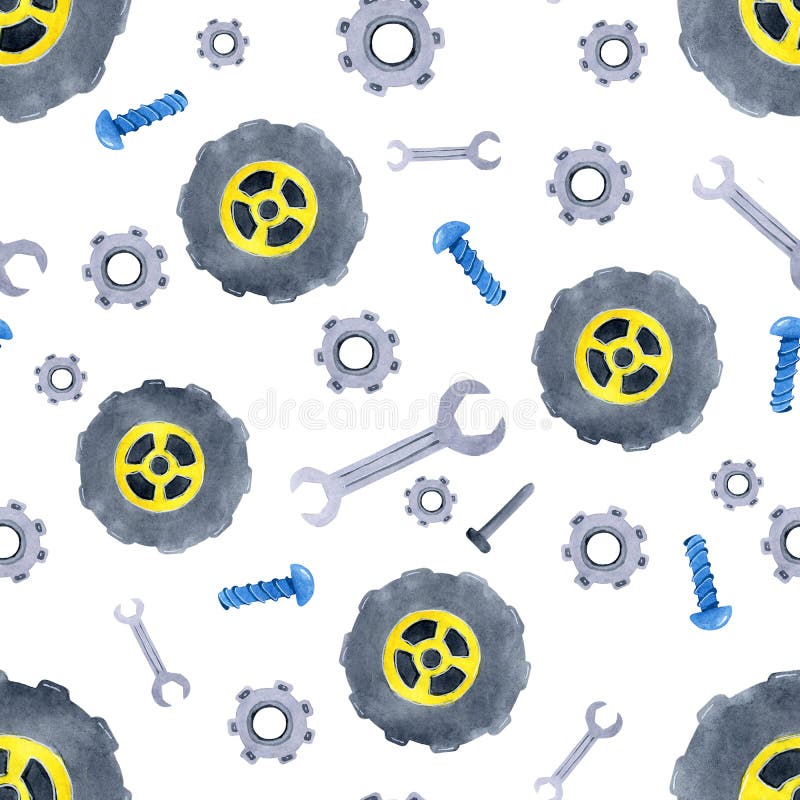 Teste padrão sem emenda com peças sobresselentes dos carros da aquarela Projeto da roupa das crianças, papel de parede, empacotan ilustração do vetor Teste padrão sem emenda com peças sobresselentes dos carros da aquarela Projeto da roupa das crianças, papel de parede, empacotan ilustração do vetor