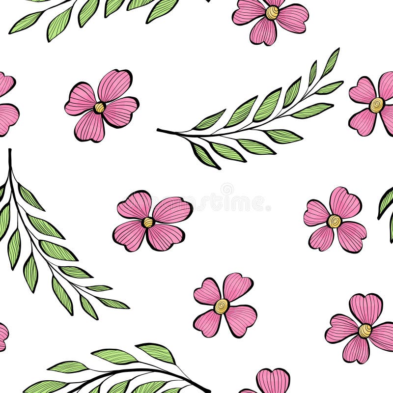 Teste padrão sem emenda com ramos da folha e as flores cor-de-rosa no estilo do esboço Ilustração colorida no fundo branco ilustração do vetor Teste padrão sem emenda com ramos da folha e as flores cor-de-rosa no estilo do esboço Ilustração colorida no fundo branco ilustração do vetor