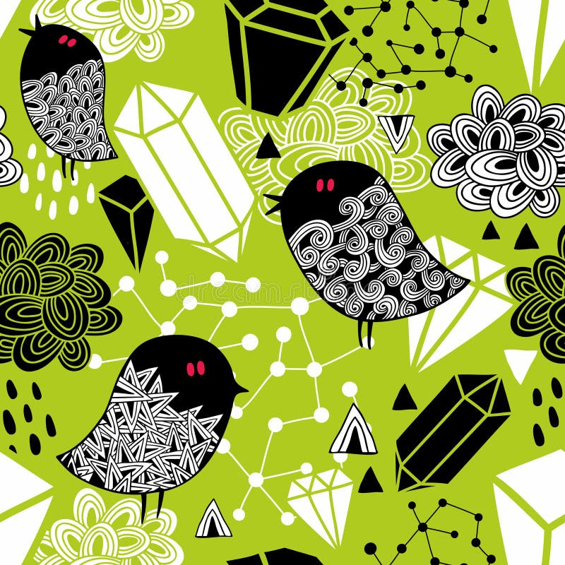 Teste padrão sem emenda com rouxinóis bonitos e formas abstratas vermelhas ilustração royalty free