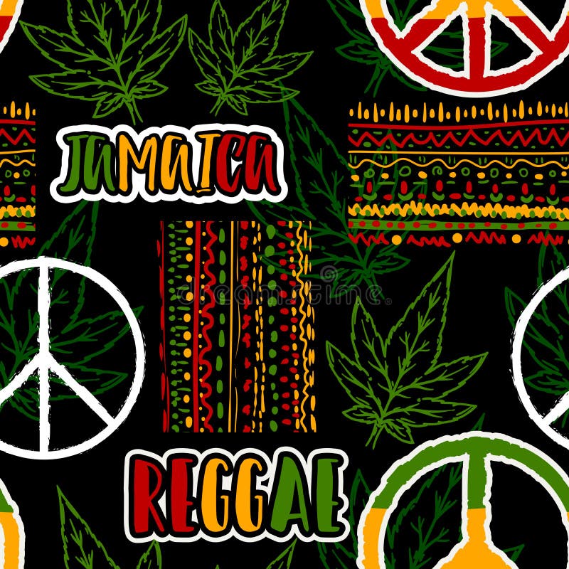 Teste padrão sem emenda com símbolo de paz da hippie, folhas do cannabis e o ornamento étnico Tema de Jamaica ilustração do vetor Teste padrão sem emenda com símbolo de paz da hippie, folhas do cannabis e o ornamento étnico Tema de Jamaica ilustração do vetor