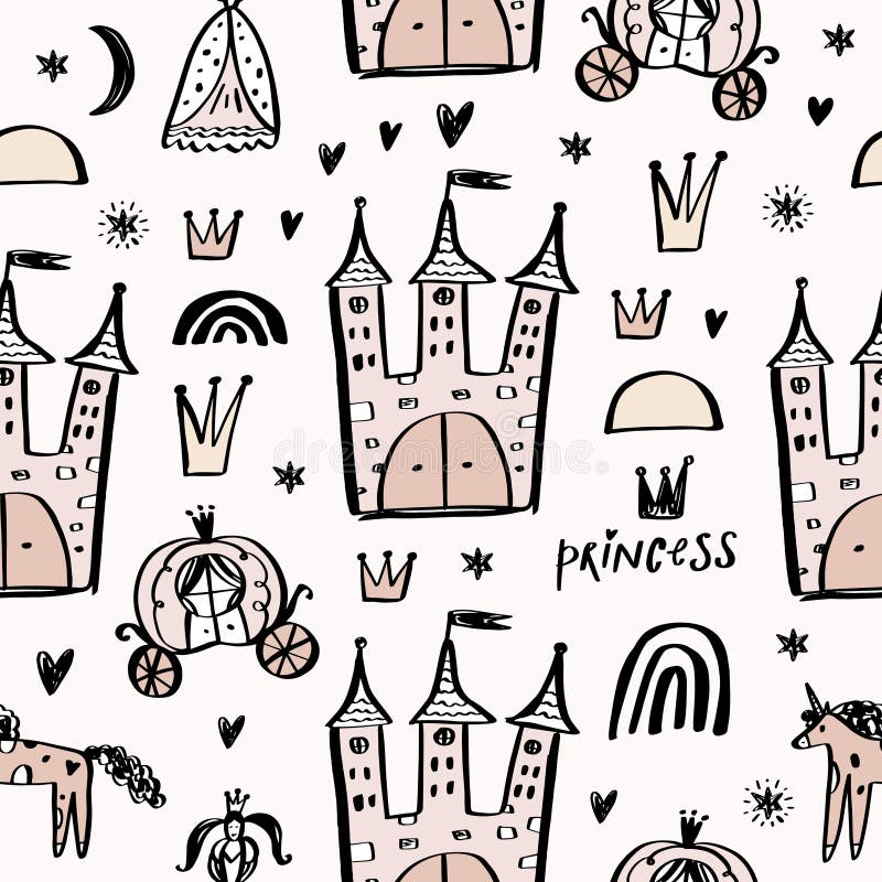 Teste padrão sem emenda criançola com princesa, unicórnio, castelo, transporte no estilo escandinavo da garatuja Vetor criativo c ilustração royalty free Teste padrão sem emenda criançola com princesa, unicórnio, castelo, transporte no estilo escandinavo da garatuja Vetor criativo c ilustração royalty free
