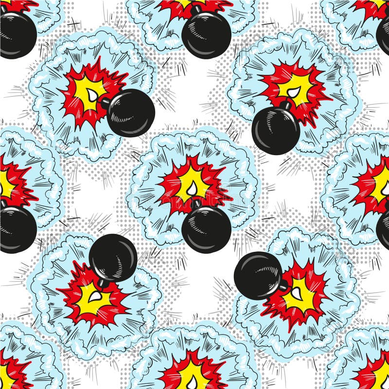 Teste padrão sem emenda cômico do pop art da explosão da bomba ilustração do vetor Teste padrão sem emenda cômico do pop art da explosão da bomba ilustração do vetor