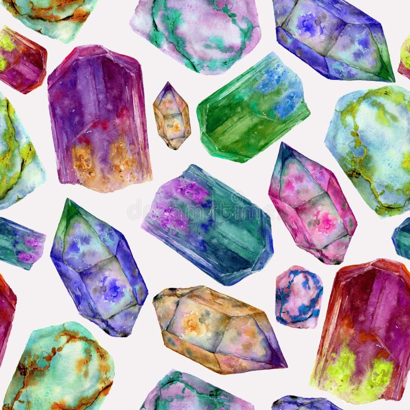 Teste padrão sem emenda da aquarela com as pedras de gema brilhantes Ornamento de cristal pintado à mão isolado no fundo cinzento ilustração royalty free Teste padrão sem emenda da aquarela com as pedras de gema brilhantes Ornamento de cristal pintado à mão isolado no fundo cinzento ilustração royalty free
