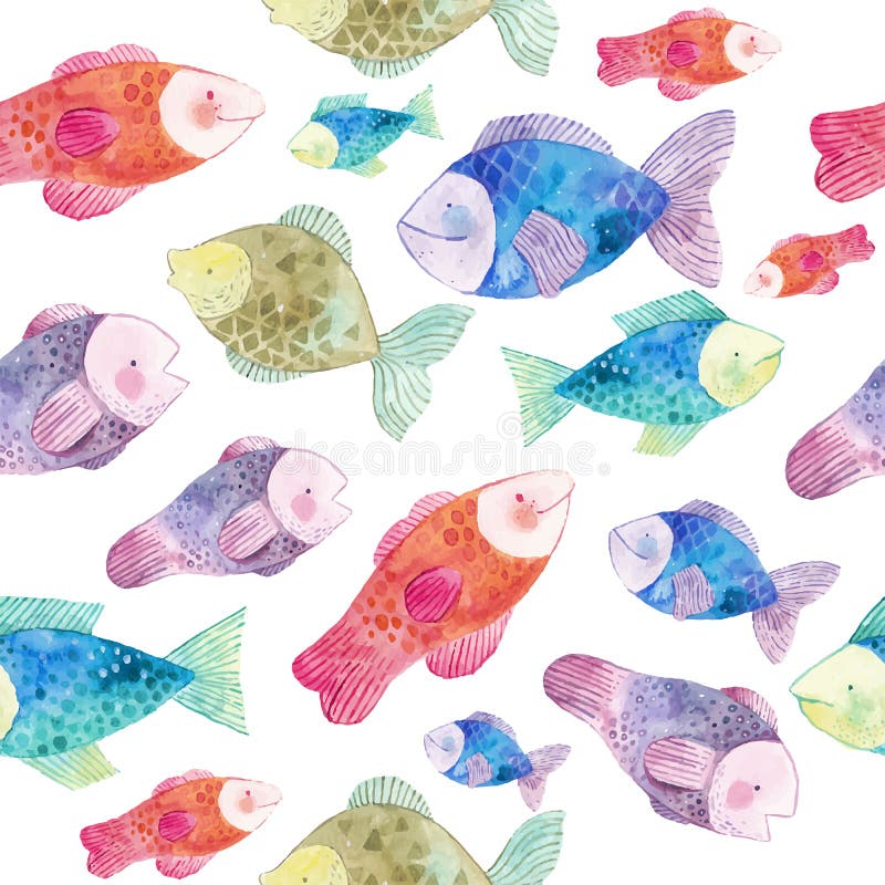 Teste padrão sem emenda da aquarela com peixes e algas ilustração stock Teste padrão sem emenda da aquarela com peixes e algas ilustração stock