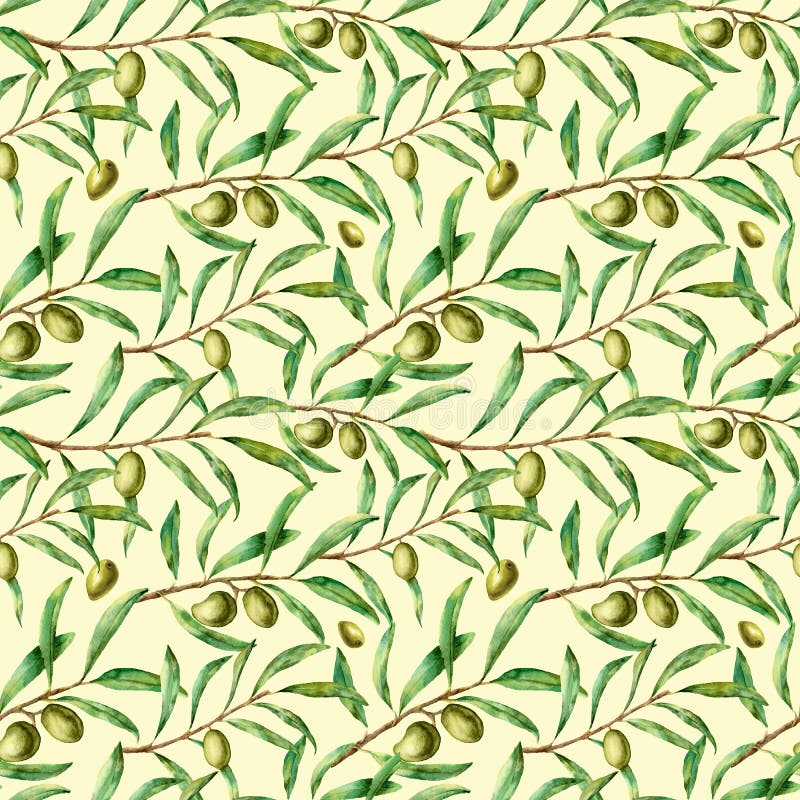 Teste padrão sem emenda da aquarela com ramos de oliveira Ornamento floral pintado à mão com baga e ramos de árvore verde-oliva c ilustração royalty free Teste padrão sem emenda da aquarela com ramos de oliveira Ornamento floral pintado à mão com baga e ramos de árvore verde-oliva c ilustração royalty free