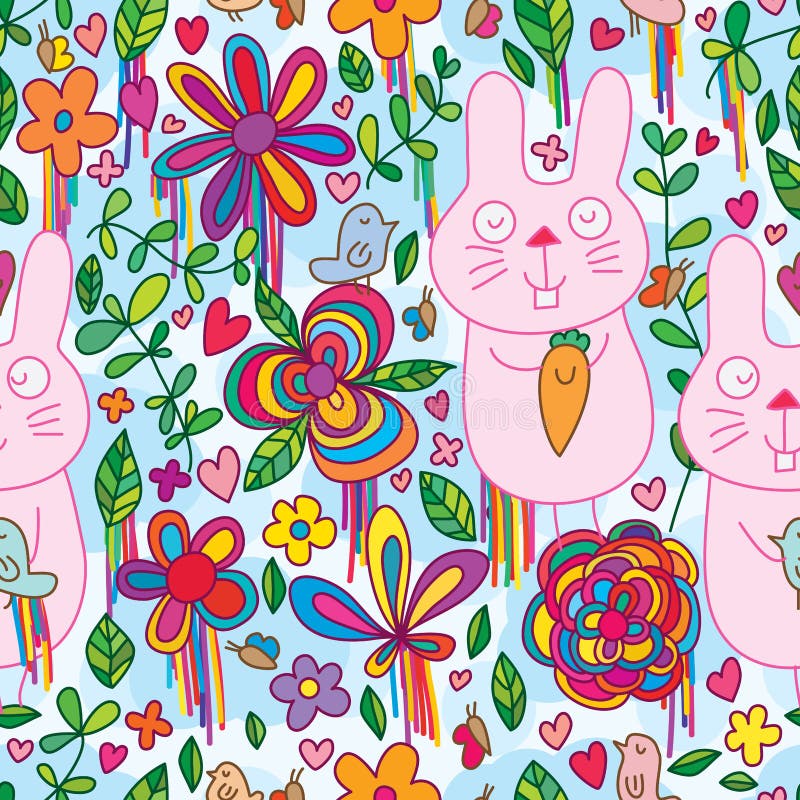 Teste padrão sem emenda da cor da flor selvagem do pássaro do coelho ilustração stock Teste padrão sem emenda da cor da flor selvagem do pássaro do coelho ilustração stock