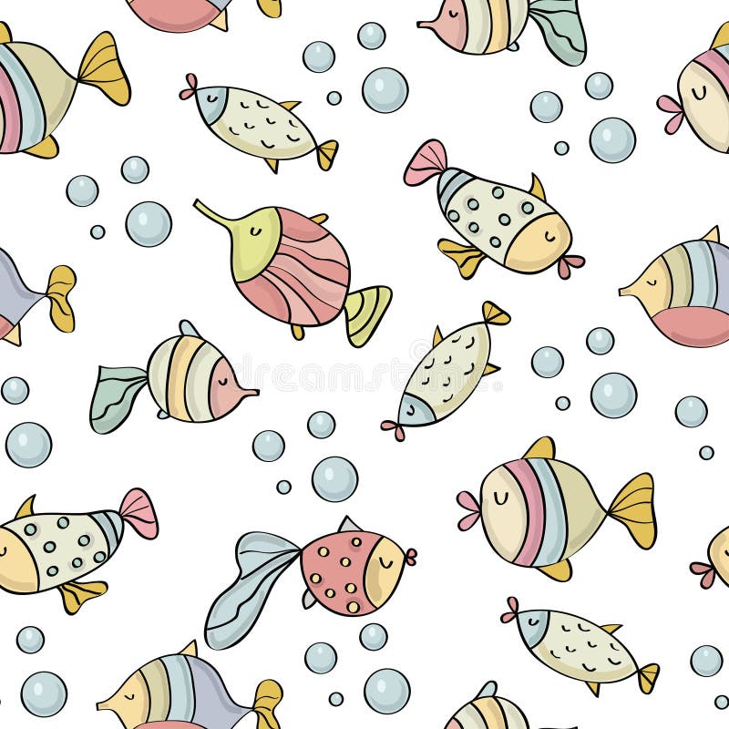 Teste padrão sem emenda da garatuja com peixes ilustração stock Teste padrão sem emenda da garatuja com peixes ilustração stock