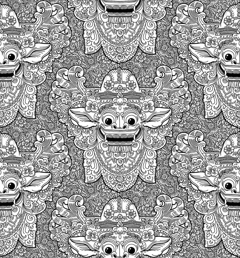 Teste padrão sem emenda da máscara da garatuja de Barong do deus do leão do Balinese ilustração do vetor Teste padrão sem emenda da máscara da garatuja de Barong do deus do leão do Balinese ilustração do vetor