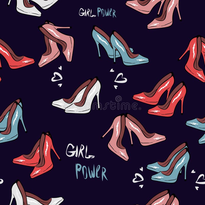 High heel shoe seamless pattern. Simple illustration of high heel shoe on dark blue background vector. Fashion design. print fabric textile wallpaper, wrapping paper. hand drawing, girl power. pink. High heel shoe seamless pattern. Simple illustration of high heel shoe on dark blue background vector. Fashion design. print fabric textile wallpaper, wrapping paper. hand drawing, girl power. pink
