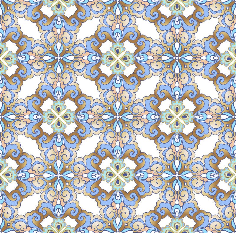 Teste padrão sem emenda da telha oriental luxuosa O vintage floresce o ornamento sem emenda no ouro e em cores azuis Ornamento de ilustração royalty free Teste padrão sem emenda da telha oriental luxuosa O vintage floresce o ornamento sem emenda no ouro e em cores azuis Ornamento de ilustração royalty free