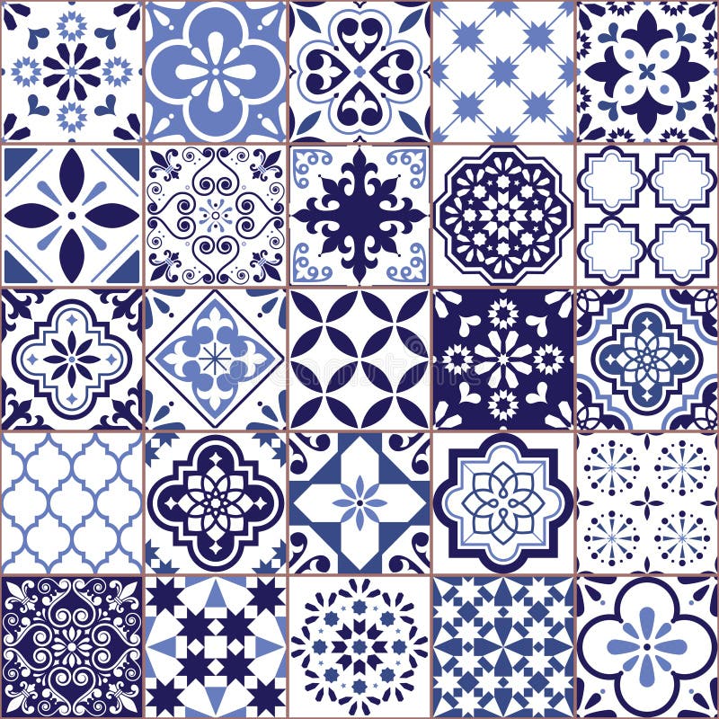 Teste padrão sem emenda da telha portuguesa de Azulejo do vetor, mosaico velho retro das telhas de Lisboa, projeto repetitivo med ilustração stock Teste padrão sem emenda da telha portuguesa de Azulejo do vetor, mosaico velho retro das telhas de Lisboa, projeto repetitivo med ilustração stock
